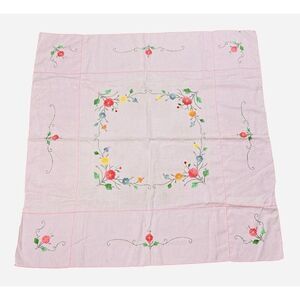 Vintage Handmade Pink Square Embroidered Floral Tablecloth 42 x 41 Appliqué Cute